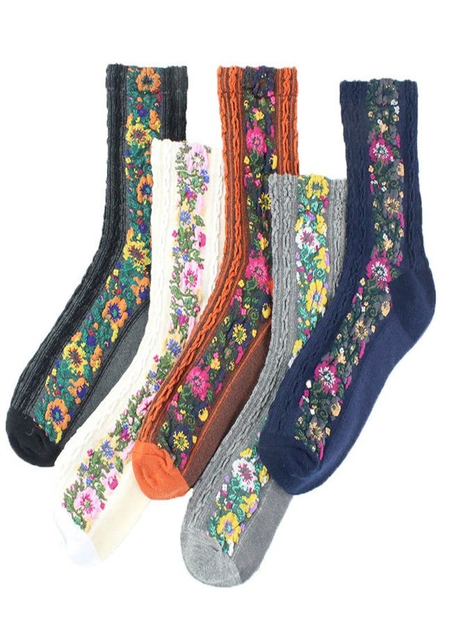 jecvxor 5 Pairs Women's Floral Design Vintage Crew Socks Ethnic Jacquard Knit Set, Red, Grey, Blue, White, Black - Image 1